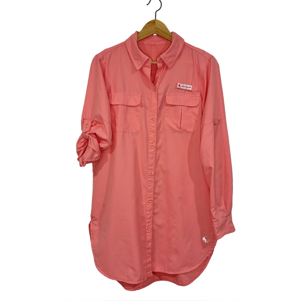 [L] REEL LEGENDS Tunic Women’s Coral Fishing Shirt  Button Down long whale tail
